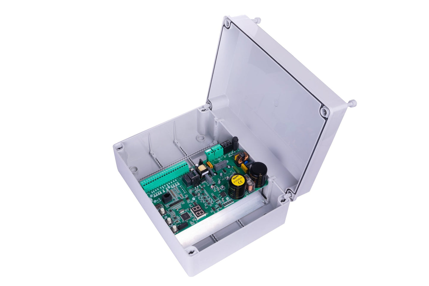 Quiko Ercole 2500KG sliding gate motor control box open showing internal components.
