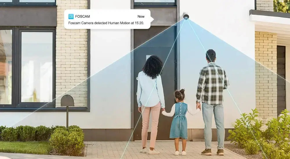 Smart security camera detecting family at home entrance with motion alert notification