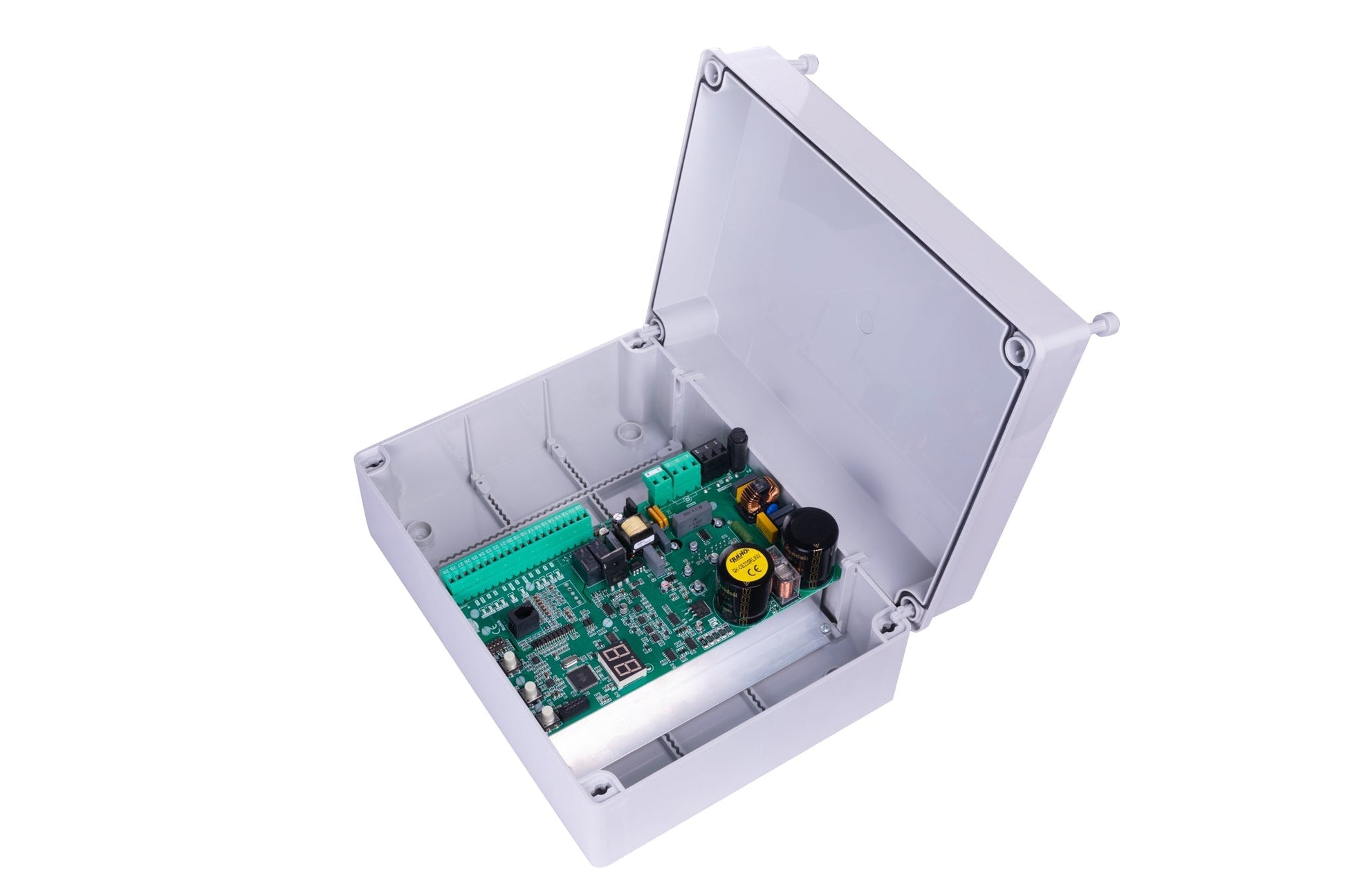 Quiko Ercole 2500KG sliding gate motor control box open showing internal components.