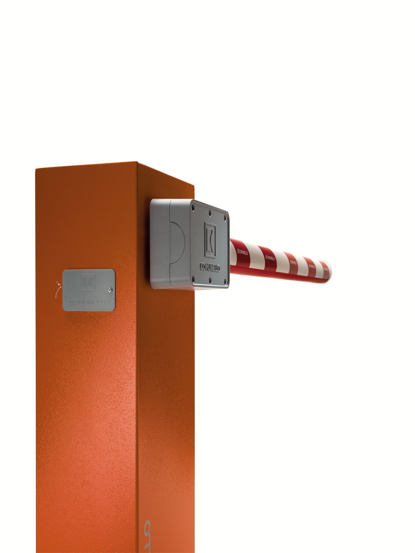 Comunello Border 400 24V 4M heavy duty parking barrier with orange post and striped beam.