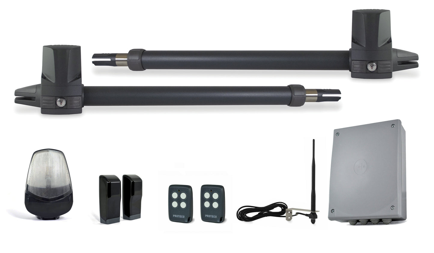 Proteco Electromechanical telescopic operator with accessories for swing gate automation.