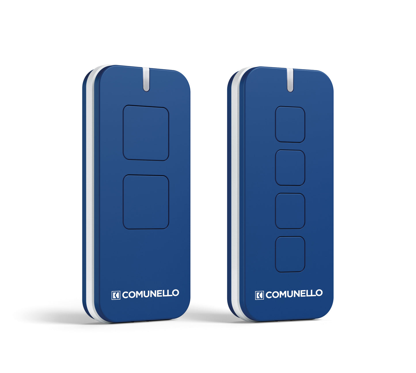 Comunello Remotes Rolling Code in ocean blue, showcasing two versions with button variations, compatible with Comunello receivers.