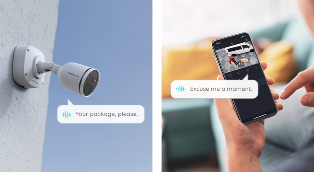 Wifi camera foscam s21 bullet camera mounted on wall with smartphone app interface.