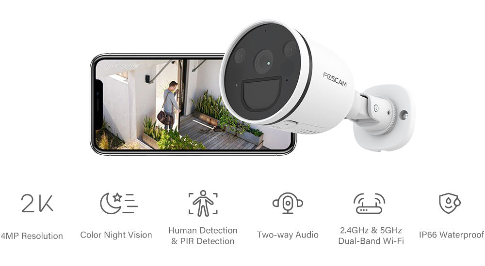 Wifi camera Foscam S21 bullet camera with smartphone view, spotlight, and key features like color night vision and two-way audio.