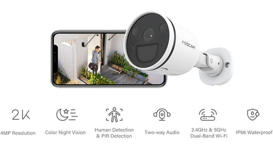 Wifi camera Foscam S21 bullet camera with smartphone view, spotlight, and key features like color night vision and two-way audio.