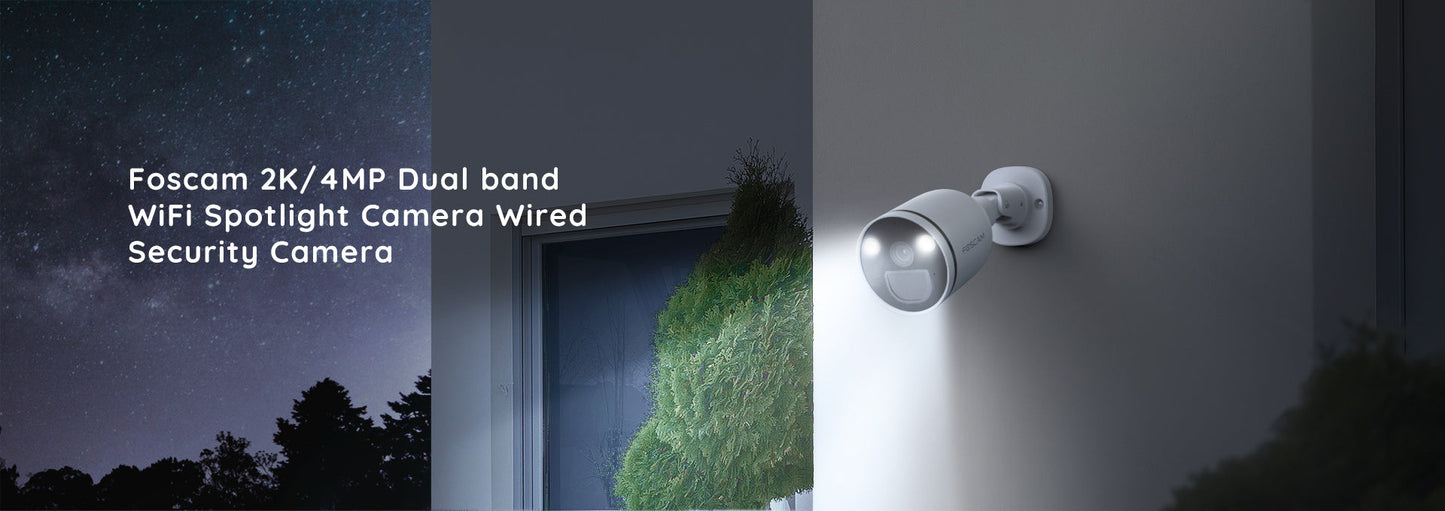 Wifi camera foscam s21 bullet camera with spotlight illuminating outdoors.