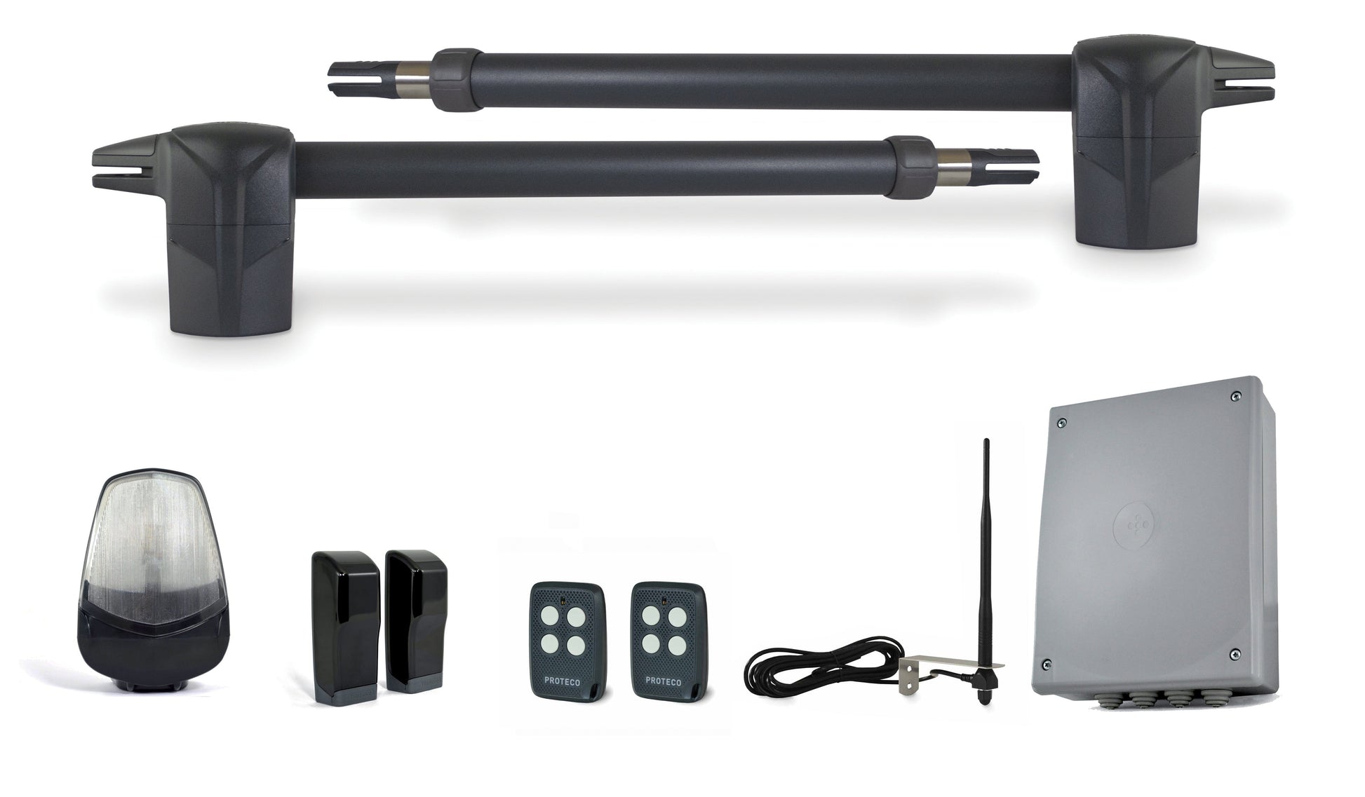 Proteco Aster-4 230V heavy duty swing gate motor kit with accessories, including remotes and control box.