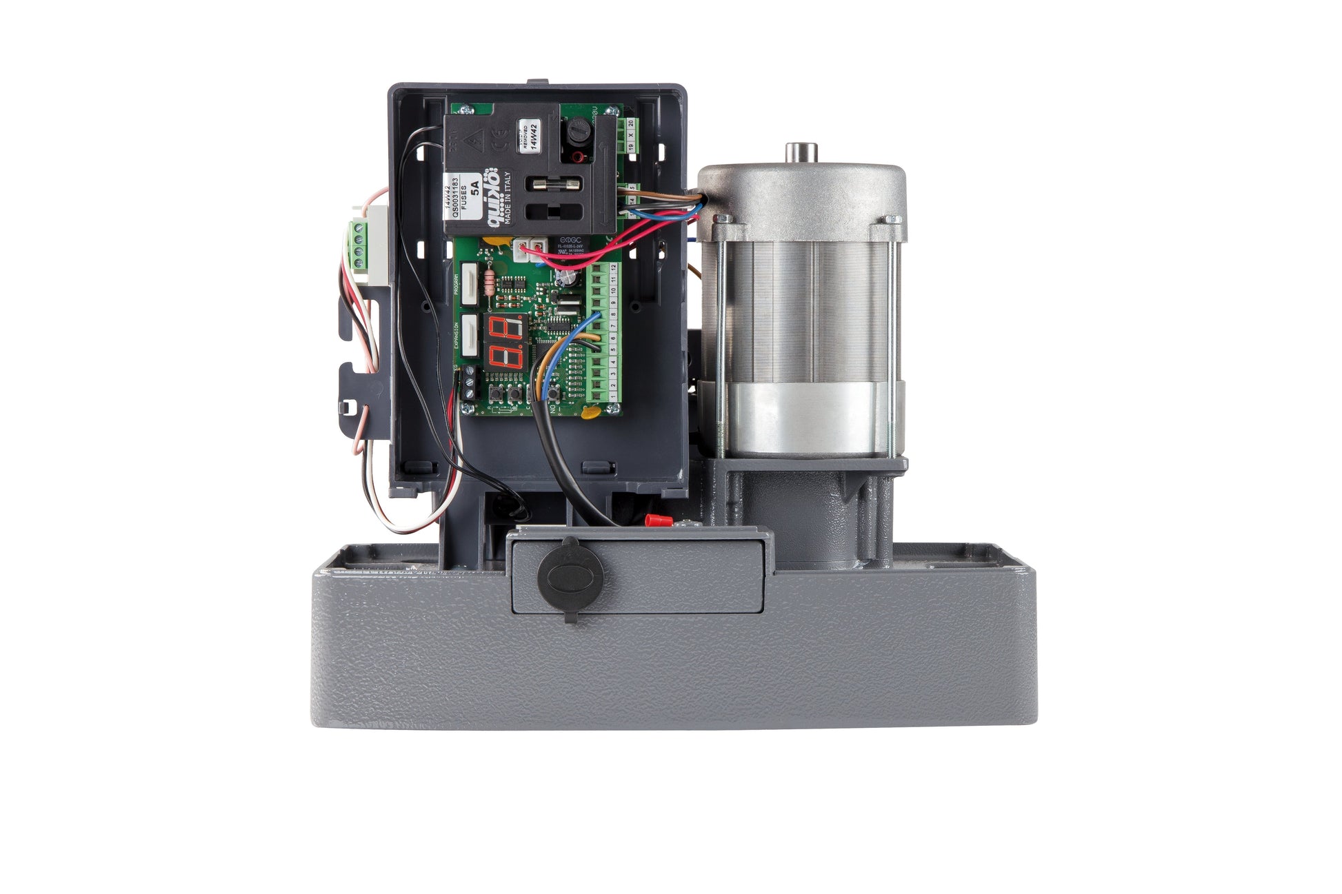 Quiko Moovy 2000Kg 230v heavy-duty sliding gate motor with open panel view.