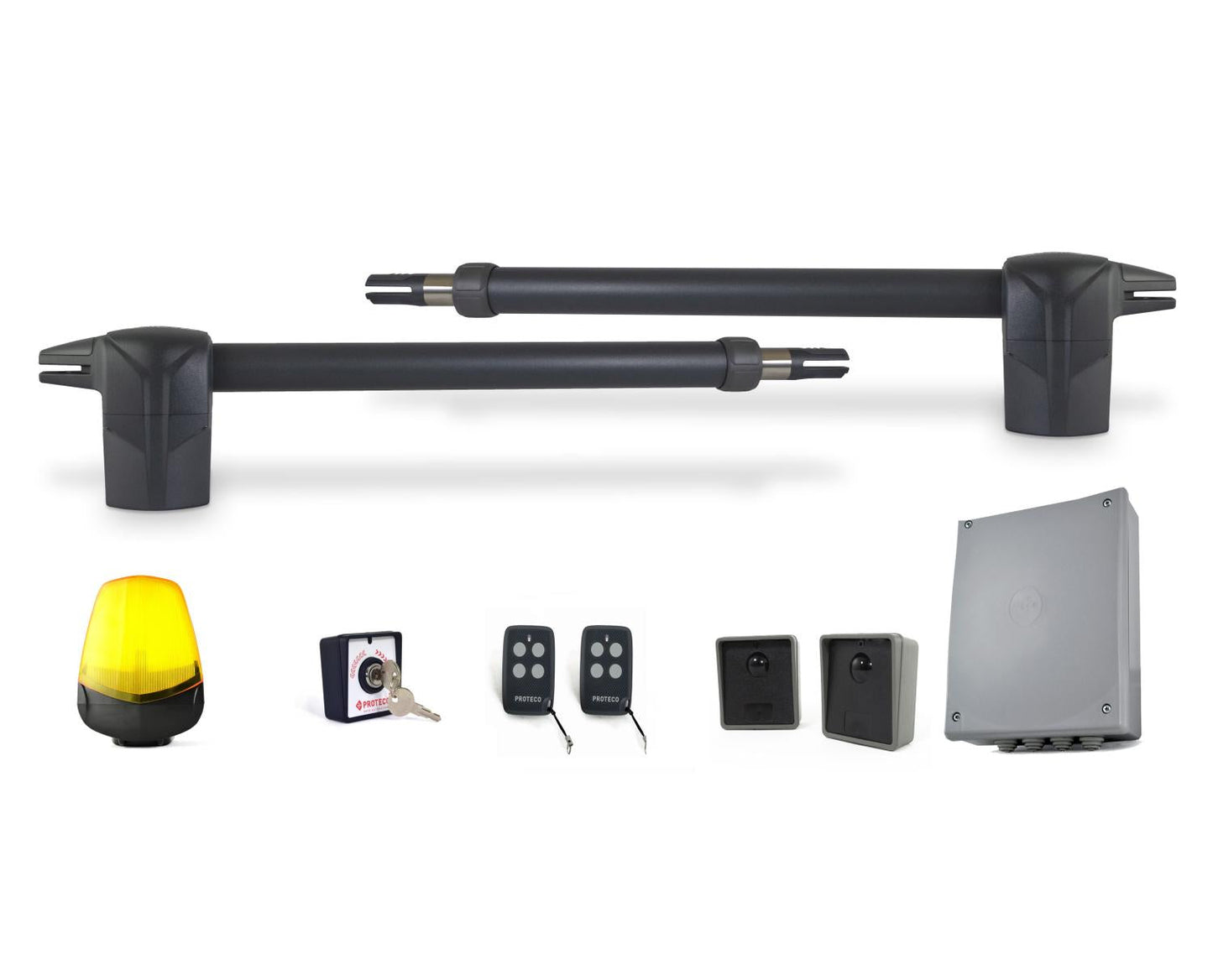 Proteco Electromechanical telescopic operator with accessories including remote controls and control panel.