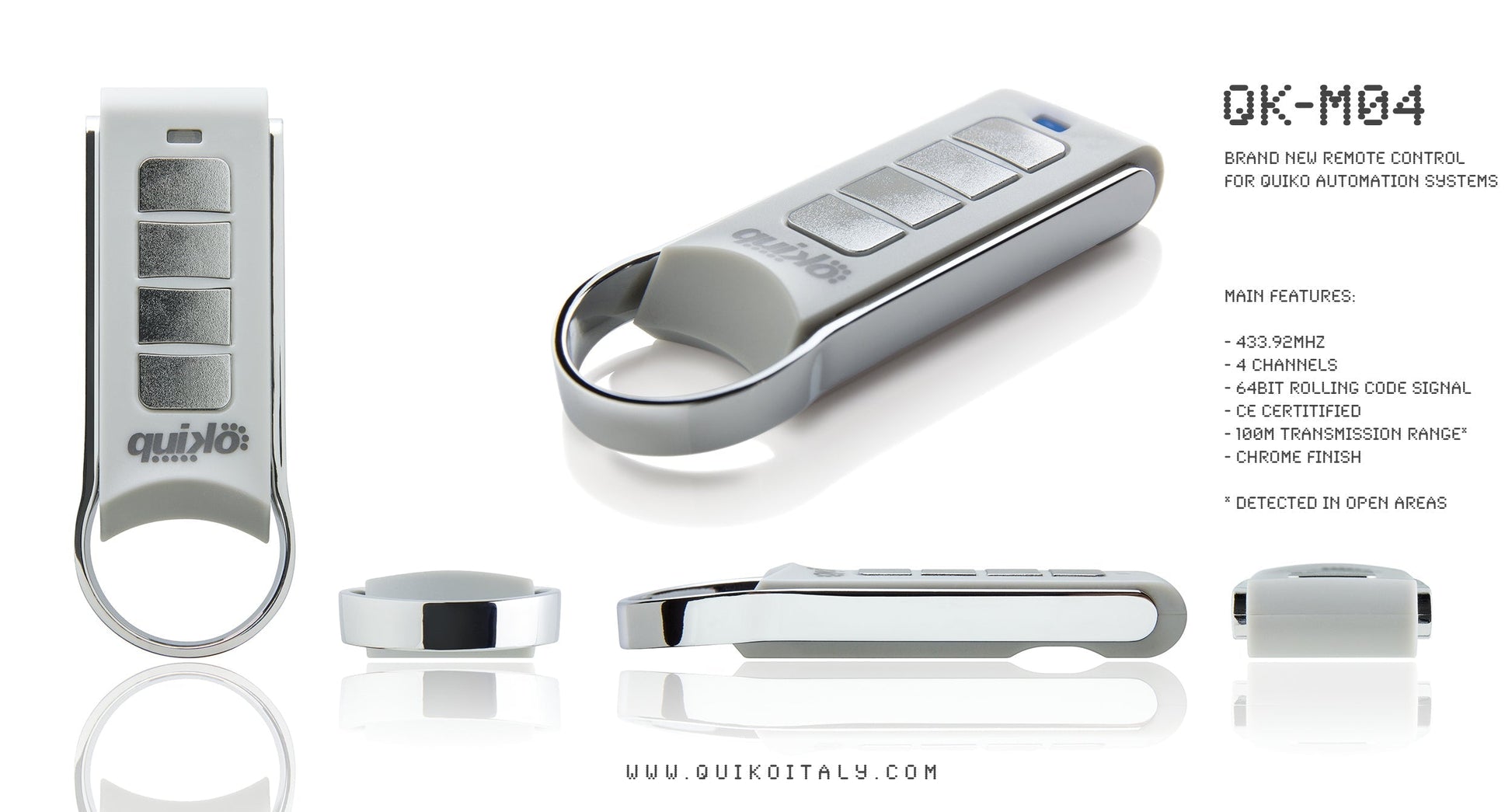 Quiko 4-channel remote for automation systems with chrome finish.