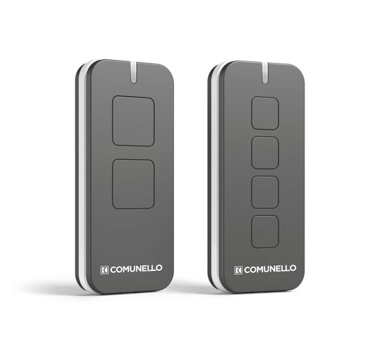 Comunello Remotes Rolling Code in sleek black design with dual version options.