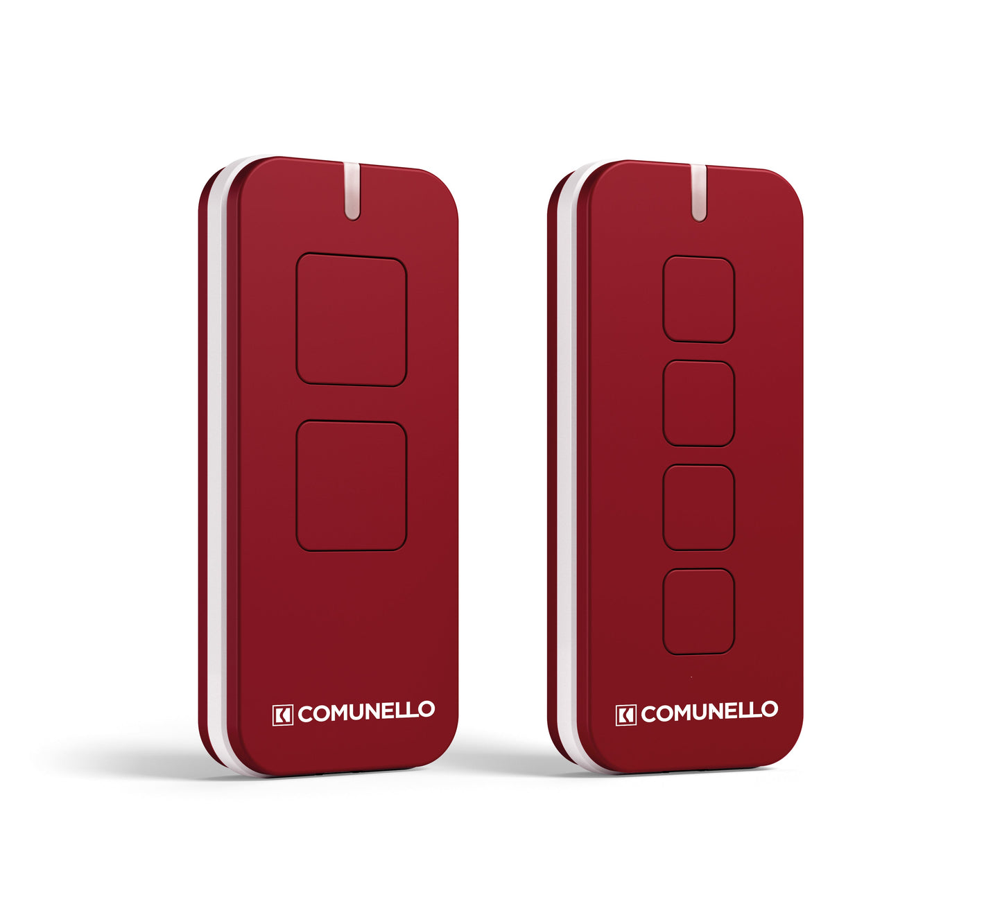 Comunello Remotes Rolling Code in velvet red with two and four button options, featuring 433.92 MHz frequency and 18 million combinations.