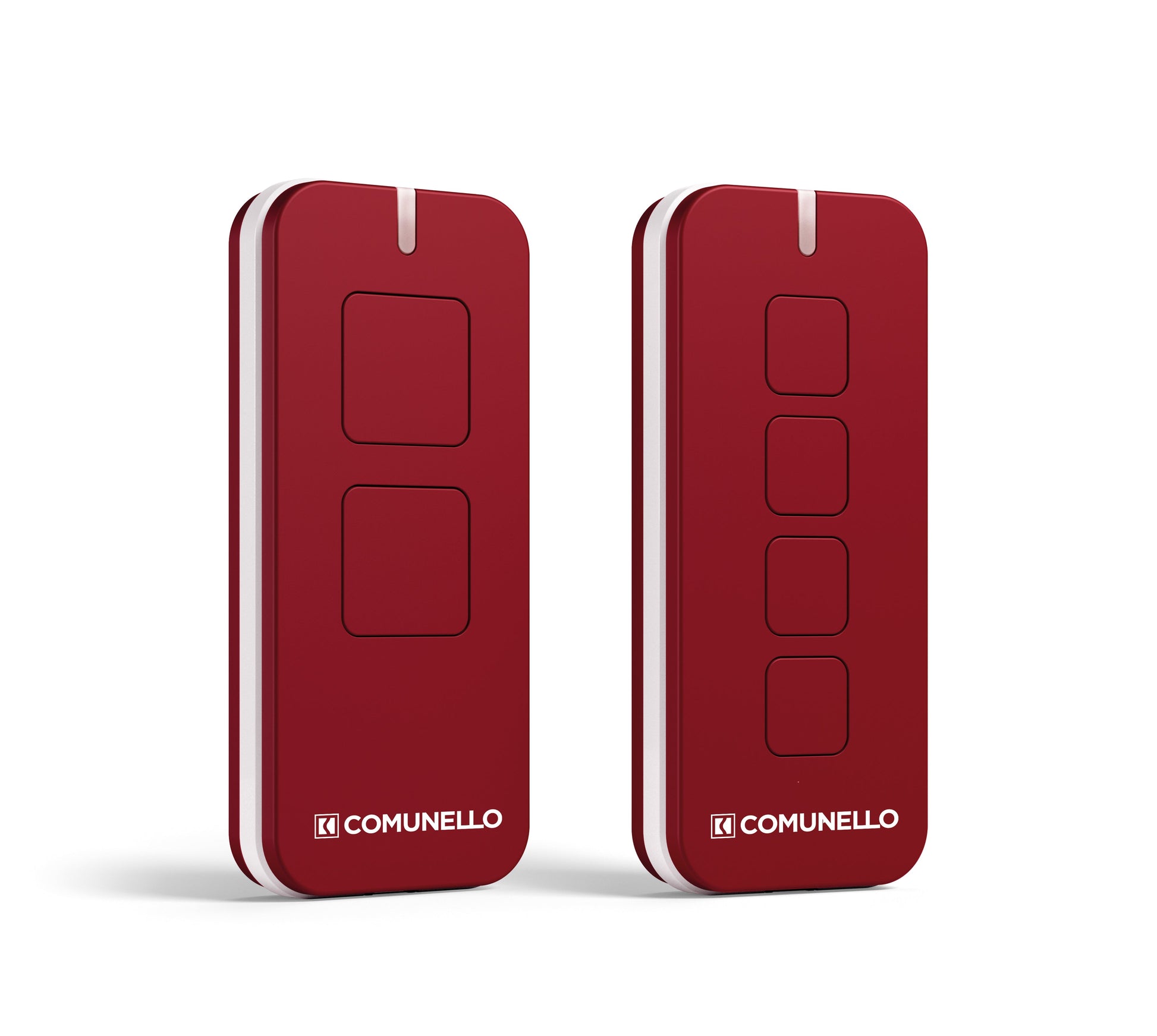 Comunello Remotes Rolling Code in velvet red with two and four button options, featuring 433.92 MHz frequency and 18 million combinations.